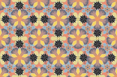 Çiçekli arka plan, suluboya etkisi. Yatak çarşafları, ceket, paket tasarımı, kumaş ve moda kavramları için tekstil baskısı. Çiçekler ve yapraklar siyah, turuncu ve mavi renklerde.