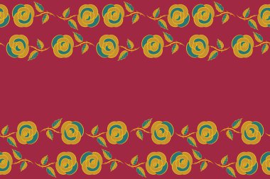 Yatay, küçük, soyut kırmızı, mavi ve sarı gülde güzel, pürüzsüz bir desen. Küçük şirin, sade bahar stilize gül. Kopya alanı olan küçük renkli karalamalar (metin için yer).