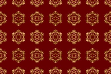 Altın doku. Eşkenar dörtgen ve düğümlerle Geometrik arkaplan. Kusursuz geometrik desen. Soyut geometrik desen. Kırmızı arka planda kusursuz desen. Altın arkaplan.