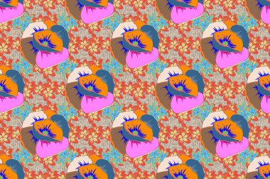 Yatak çarşafları, ceket, paket tasarımı, kumaş ve moda kavramları için tekstil baskısı. Çiçek ve yaprakların pembe ve turuncu renklerde olduğu pürüzsüz bir desen. Suluboya efektli çiçek arkaplanı.