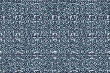 Raster illüstrasyonu. Mavi, yeşil ve mor renklerde kusursuz çiçek deseni.