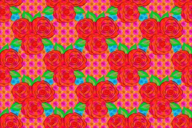 Çiçeksiz desenli, çiçek açan gül çiçekleri ve turuncu arka planda yeşil yapraklar. Gül çiçekleri ve yeşil yapraklı şık duvar kağıtları. Soyut raster arkaplanı.