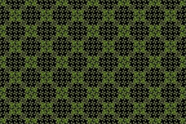 Siyah zemin üzerinde sarı ve yeşil tekrarlayan elementlerle modern geometrik kusursuz desen. Kusursuz bir süs..