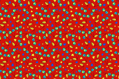 Kiraz sanatı kalsın. Şekillendirilmiş kırmızı, sarı ve mavi kirazlı soyut, pürüzsüz desen. Kiraz desenli raster illüstrasyonu.