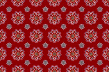 Kırmızı arkaplanda soyut çok renkli elementler. Raster parlak metal yüzey pürüzsüz desen.