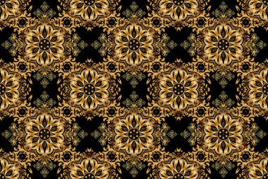 Siyah arka planda altın şebeke olan kusursuz bir desen. Raster kare kompozisyonu ve altın antika süsü..