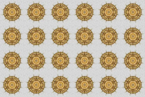 Gri Arka Planda Altın Rengi Yuvarlak Mandala Tekstil Davetiyeler Afişler — Stok fotoğraf