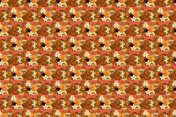 Raster Sömlöst Mönster Tropiska Hibiskus Blommor Bruna Orange Och Gula — Stockfoto