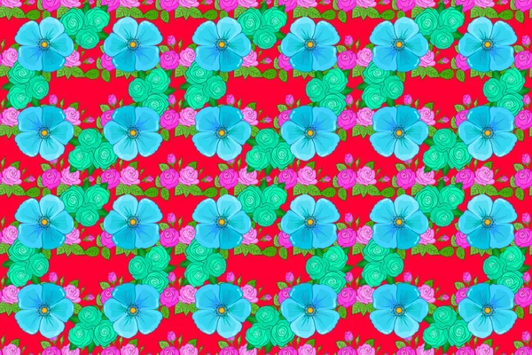 重复栅格宇宙花朵模式 现代莫特利花无缝图案的绿色 蓝色和红色 花色印刷 — 图库照片