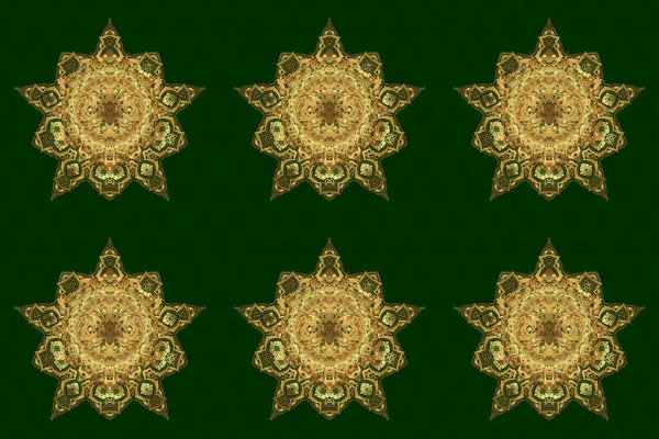 Mandala Raster Dessiné Main Motif Abstrait Doré Sur Fond Vert — Photo