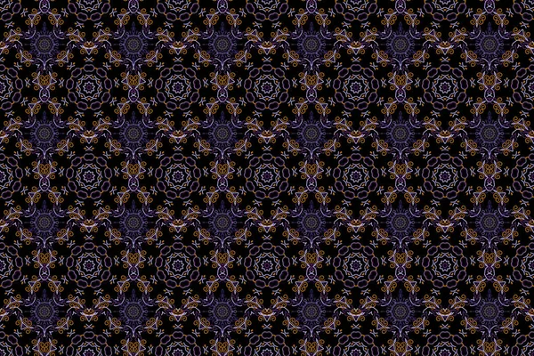 Abstract pattern in Arabian style. Seamless raster background. Graphic modern pattern. Violet, brown and orange texture on black background.