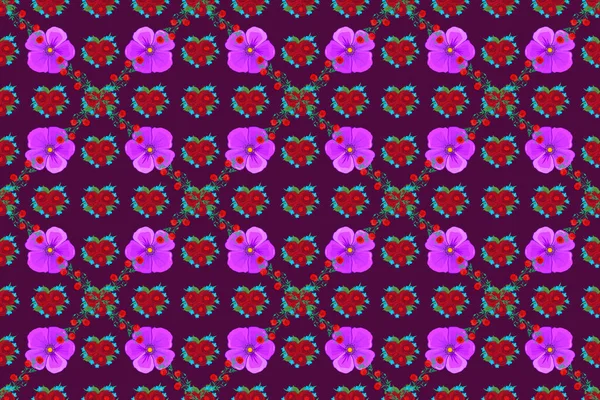 Цветочный Фон Бесшовный Растровый Рисунок Фиолетовом Фоне Милыми Цветами Роз — стоковое фото