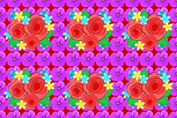 Stampa Floreale Raster Sfondo Rosso Carino Rosa Fiori Foglie Verdi — Foto Stock