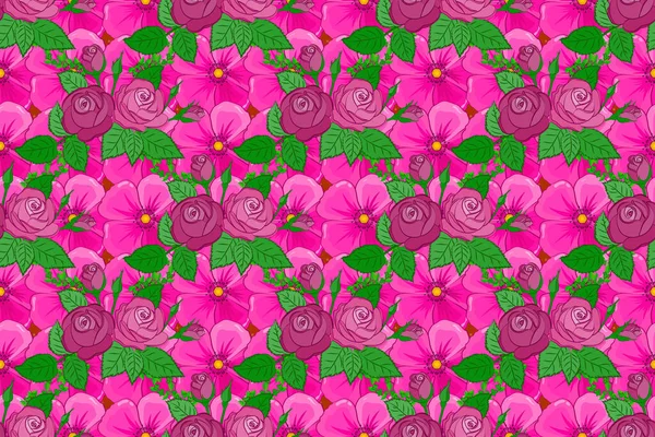 ピンク マゼンタ 緑の色で様式化されたバラの花や緑の葉とラスターシームレスな背景パターン — ストック写真