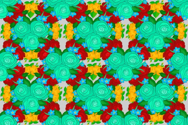 可爱的栅栏花 绿叶印 拉斯特插图 蓝三种颜色的花卉古色古香无缝图案 — 图库照片