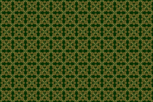 Green and golden textile print. Islamic raster design. Seamless pattern oriental ornament. Floral tiles.