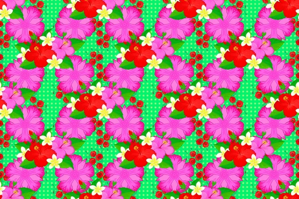 Raster Naadloos Bloemenpatroon Met Hibiscus Bloemen Bladeren Decoratieve Elementen Splash — Stockfoto