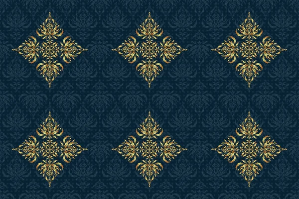 Classic Vintage Ornament Blue Background Seamless Classic Raster Golden Pattern — Stock Photo, Image