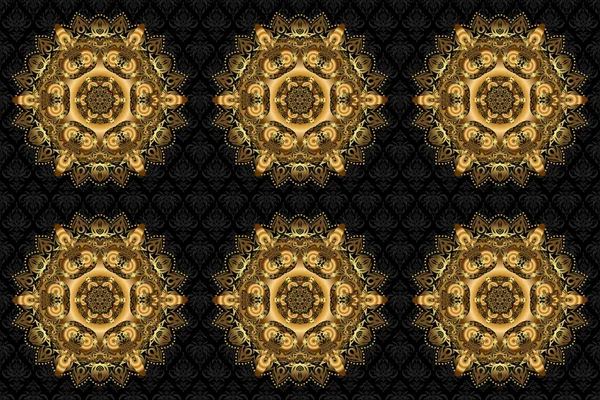 Raster illüstrasyonu. Zengin etnik çizgili dikişsiz geometrik tasarım. Siyah arkaplanda altın mandala.
