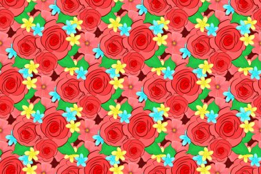 Güzel gül çiçekleri ve kırmızı arka planda yeşil yaprakları olan kusursuz bir desen. Bahar mahsulü çiçekli arka plan. Güzel raster dokusu.