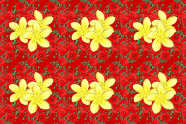 Kırmızı arka planda sulu boya buketi ve soyut plumeria çiçekleri olan romantik, pürüzsüz bir desen. Geçmişi, tekstili, ambalaj kağıtları, tebrik kartları için. Raster illüstrasyonu.