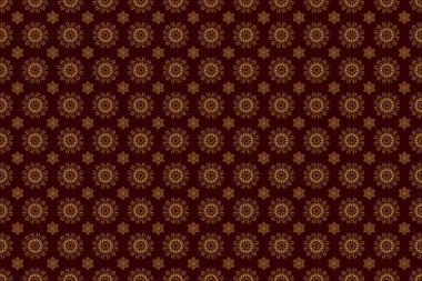 Lüks altın, yıldızlı kusursuz desen. Raster altın yıldız deseni, yıldız süslemeleri, kahverengi arka planda altın şebeke..