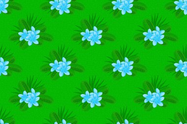 Raster dikdörtgen arkaplan deseni stilize plumeria çiçekleri ve mavi ve yeşil yapraklar.