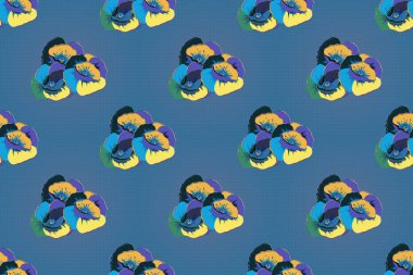 Bahar mahsulü çiçekli arka plan. Güzel raster dokusu. Mor, sarı ve mavi renklerde sevimli gelincik çiçekleriyle kusursuz desen..