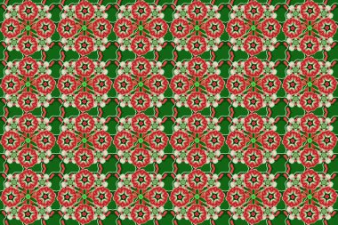 Kırmızı ve yeşil renkli, soyut, şirin çiçeklerin olduğu bahar kağıdı. Çiçeksiz desen.