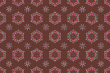 Klasik oryantal raster modeli. Kahverengi arkaplanda çok renkli tekrarlayan elementlerle kusursuz soyut desen. Sevimli çok renkli desen.