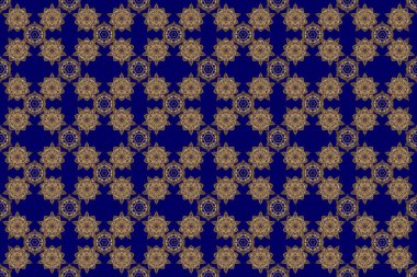 Mavi arka planda barok tarzında kusursuz bir doğulu süsü. Geleneksel klasik raster altın deseni.