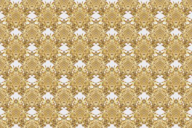 Gri bir zeminde altın elementlerin kusursuz deseni. Kutlama kartlarını süslemek için alet çantası. Gri arka planda altın parıltılı süsler ve parlak ışıklar..