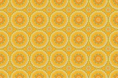 Damask, turuncu, bej ve sarı renklerde çiçeksiz arkaplan deseni. Raster illüstrasyonu.