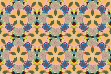 Çiçeklerle suluboya kusursuz desen. Sarı, yeşil ve bej renkli moda baskı. Enfes bir desen, çiçekli suluboya bir eskiz, klasik tarzda. Dekorasyon ve tasarım için güzel desen.