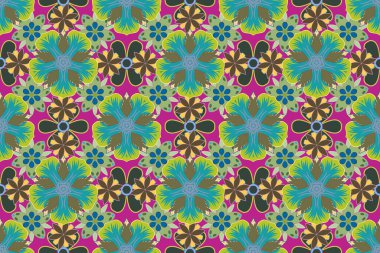 Vintge tarzında moda baskı. Mavi, kahverengi ve yeşil renkli çiçeklerle sulu boya deseni. Dekorasyon ve tasarım için güzel bir desen. Çiçekli zarif desen, suluboya efekti..