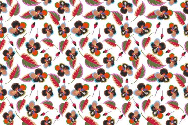 Beyaz arka planda turuncu ve gri renkli Hibiscus. Aloha Hawai gömleği kusursuz desenli..