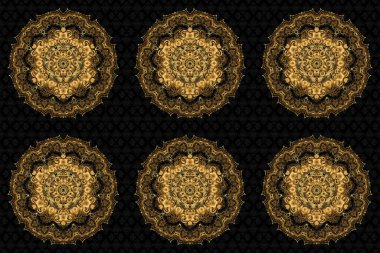 El boyaması raster mandala, siyah arka planda altın, Hint tavus kuşu, Hint deseni, altın mandala, mandala tavus kuşu.