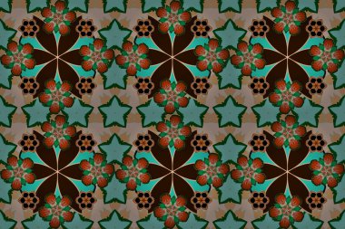 Raster lekeli yıldız deseni, yıldız süslemeleri, yeşil ve kahverengi ızgara. Lüks, yıldızlı, pürüzsüz bir düzen..