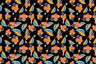 Mavi ve turuncu renklerde tropikal amber çiçeklerinin kusursuz deseni siyah arkaplan üzerinde suluboya etkisi.