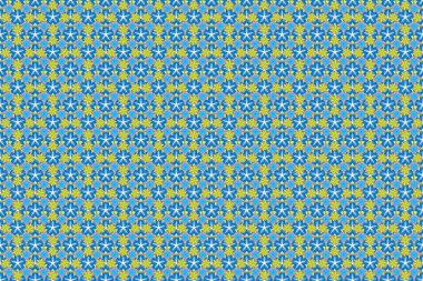 Bej, mavi ve sarı renkli küçük şirin çiçekler. Bir sürü çiçeğin görüntüsüyle kusursuz bir desen. Ditsy style raster illüstrasyonu.