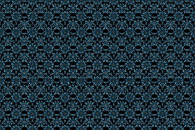 Ikat damaske desensiz arkaplan fayansı. Siyah bir arkaplanda mavi renklerle.
