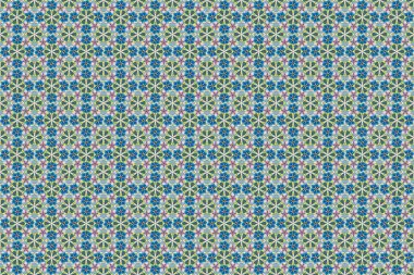 Üzerinde mavi, sarı ve gri renkli şirin çiçekler olan bahar kağıdı. Raster illüstrasyonu. Çiçeksiz desen.