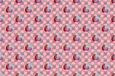 Kırmızı, mavi ve mor renklerde yaprakları ve çiçekleri olan dikişsiz bir çiçek deseni..