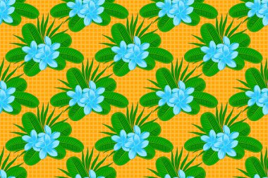Kusursuz el yapımı Raster Plumeria çiçeği deseni yeşil, sarı ve mavi renklerde.