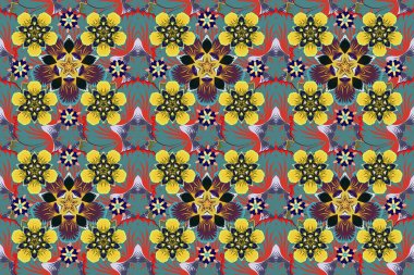 Motley süslemeleri mavi, gri ve sarı renklerde. Tasarım daveti, baskı, kart, duvar kağıdı, tekstil veya kumaş için Raster baskısı.