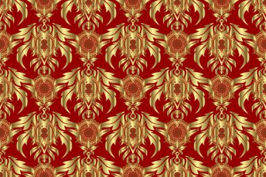 Kırmızı bir arkaplanda doğu tarzı arabesk. Harika danteller, stilize çiçekler, şal desenleri. Kusursuz altın desenli bukleler. Zarif, altın arkaplan dokuması.