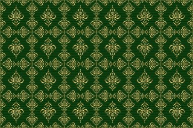 Raster illüstrasyonu. Altın yıldızlı zarif altın süs, süslü yeşil arka planda filigran dekoru. Lüks çiçeksiz desen, düğme desenli doku, eski tarz dekoratif elementler..