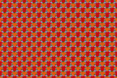 El yazısıyla yazılmış gül çiçekleri, yeşil yapraklar, pullar, anahtarlar. Kırmızı arkaplanda klasik dikişsiz desen.