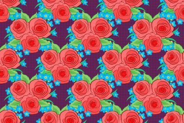 Çiçek arkaplan. Mor bir arka planda, gül çiçekleri ve yeşil yapraklı pürüzsüz raster deseni..