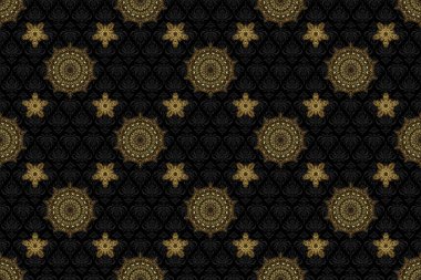 Çiçek motifli altın fayanslar. Kusursuz desenli oryantal süs. İslami raster tasarımı. Siyah ve altın renkli tekstil baskısı.